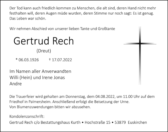 Anzeige von Gertrud Rech von  Blickpunkt Euskirchen 