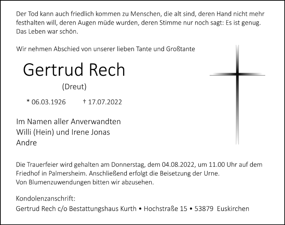  Traueranzeige für Gertrud Rech vom 30.07.2022 aus  Blickpunkt Euskirchen 