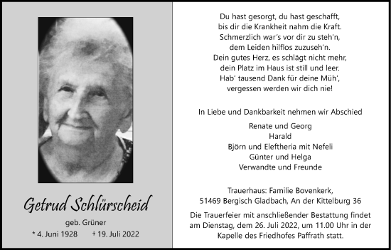 Anzeige von Getrud Schlürscheid von Kölner Stadt-Anzeiger / Kölnische Rundschau / Express