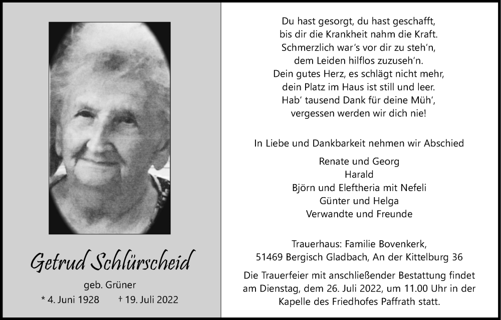  Traueranzeige für Getrud Schlürscheid vom 23.07.2022 aus Kölner Stadt-Anzeiger / Kölnische Rundschau / Express