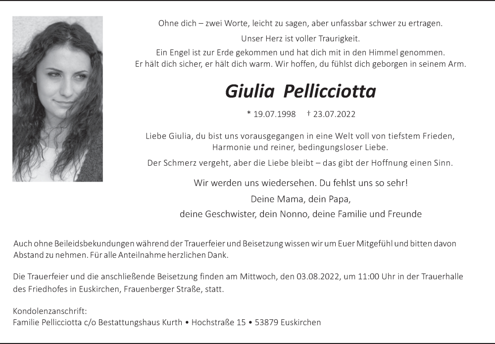  Traueranzeige für Giulia Pellicciotta vom 30.07.2022 aus  Blickpunkt Euskirchen 