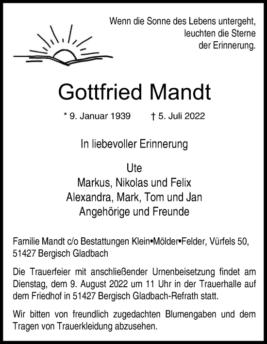 Anzeige von Gottfried Mandt von Kölner Stadt-Anzeiger / Kölnische Rundschau / Express