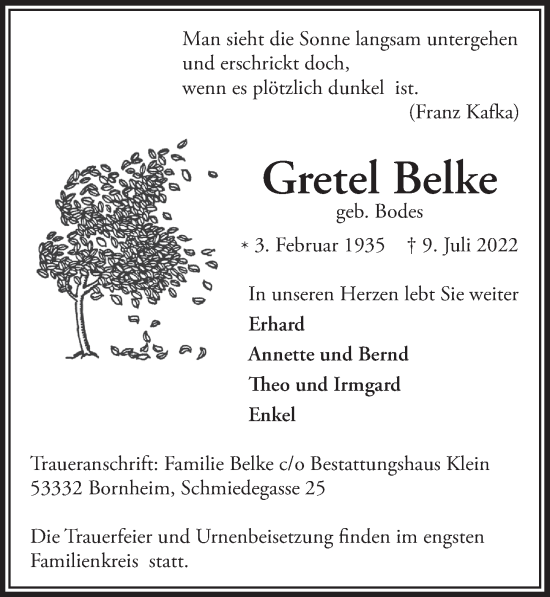 Anzeige von Gretel Belke von  Schaufenster/Blickpunkt 