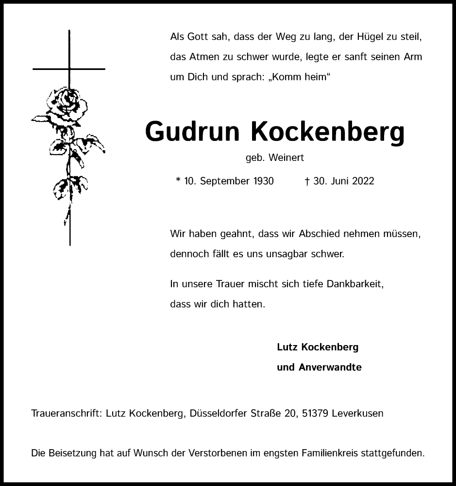  Traueranzeige für Gudrun Kockenberg vom 14.07.2022 aus Kölner Stadt-Anzeiger / Kölnische Rundschau / Express