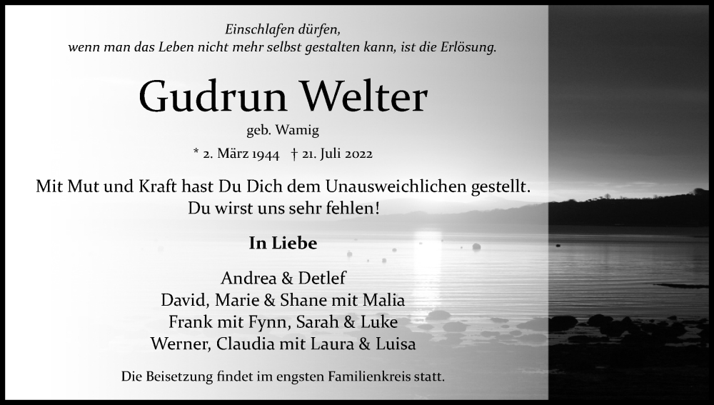  Traueranzeige für Gudrun Welter vom 30.07.2022 aus Kölner Stadt-Anzeiger / Kölnische Rundschau / Express