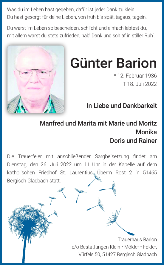 Anzeige von Günter Barion von Kölner Stadt-Anzeiger / Kölnische Rundschau / Express