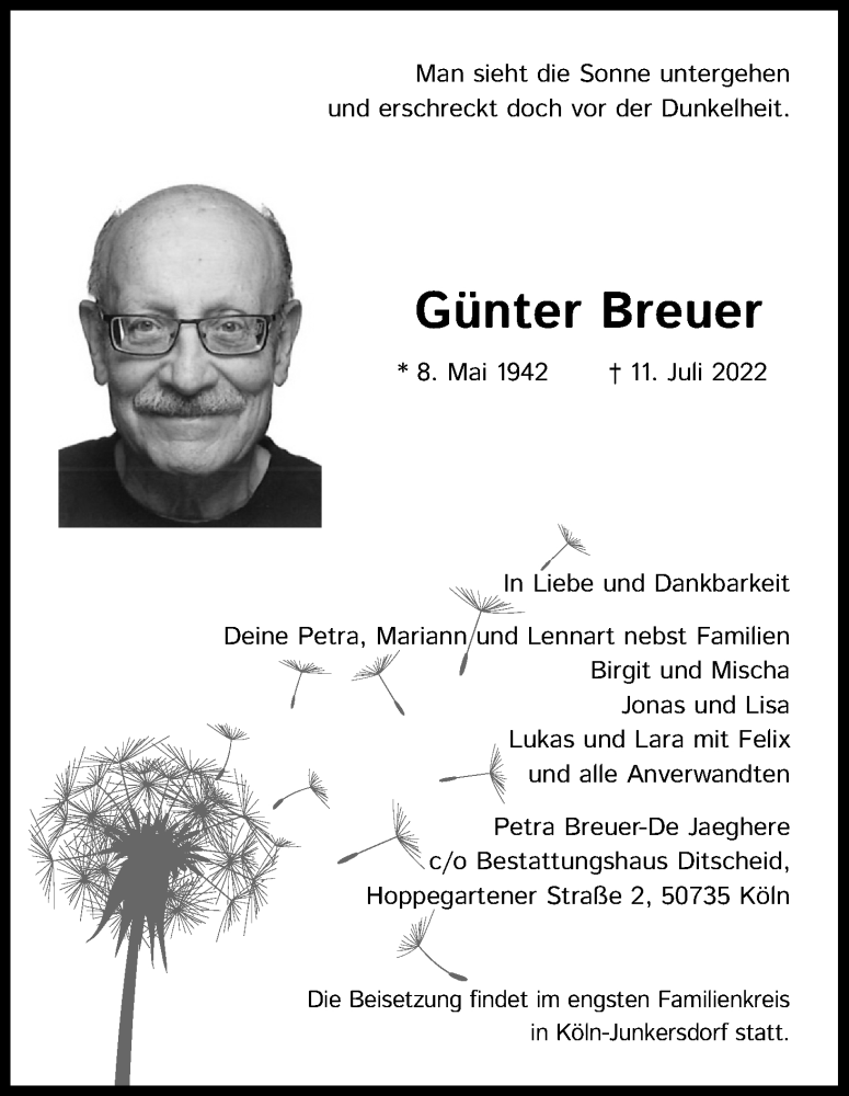  Traueranzeige für Günter Breuer vom 23.07.2022 aus Kölner Stadt-Anzeiger / Kölnische Rundschau / Express