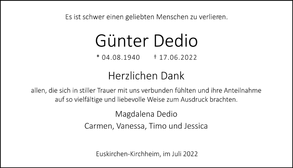  Traueranzeige für Günter Dedio vom 16.07.2022 aus  Blickpunkt Euskirchen 