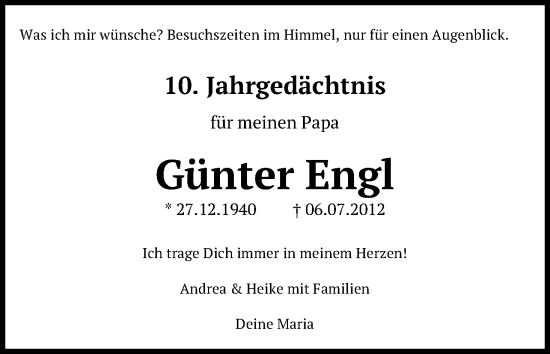 Anzeige von Günter Engl von Kölner Stadt-Anzeiger / Kölnische Rundschau / Express