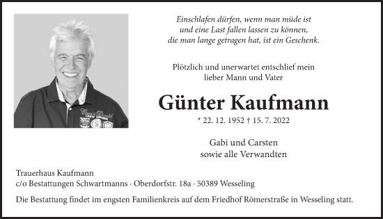 Anzeige von Günter Kaufmann von  Schlossbote/Werbekurier 