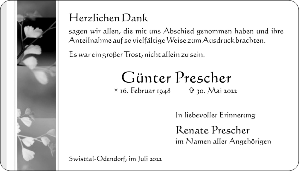  Traueranzeige für Günter Prescher vom 08.07.2022 aus  Schaufenster/Blickpunkt 