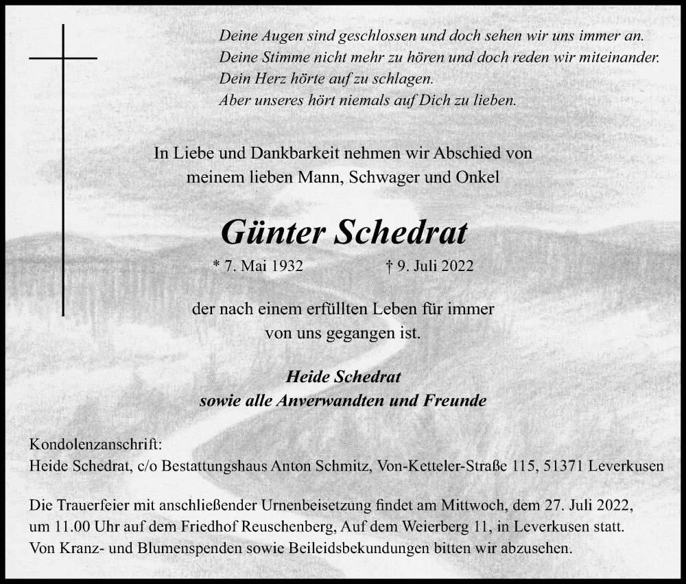  Traueranzeige für Günter Schedrat vom 23.07.2022 aus Kölner Stadt-Anzeiger / Kölnische Rundschau / Express