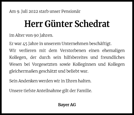 Anzeige von Günter Schedrat von Kölner Stadt-Anzeiger / Kölnische Rundschau / Express