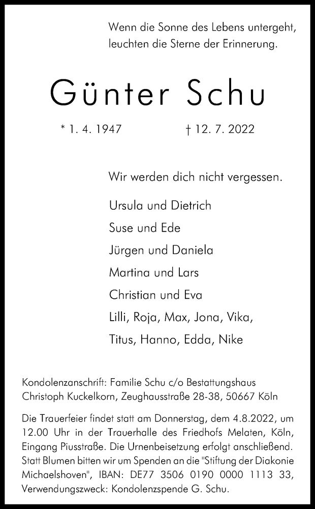  Traueranzeige für Günter Schu vom 23.07.2022 aus Kölner Stadt-Anzeiger / Kölnische Rundschau / Express