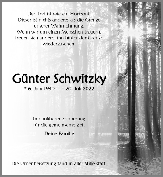Anzeige von Günter Schwitzky von  Anzeigen Echo 