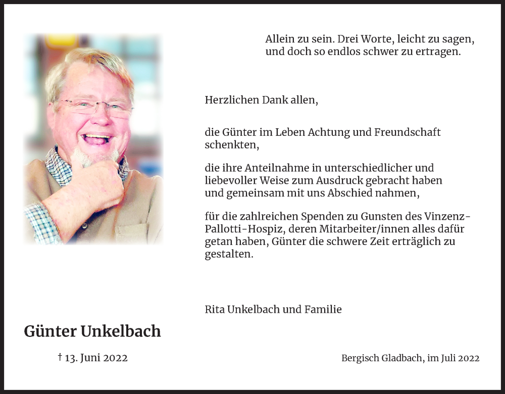  Traueranzeige für Günter Unkelbach vom 23.07.2022 aus Kölner Stadt-Anzeiger / Kölnische Rundschau / Express