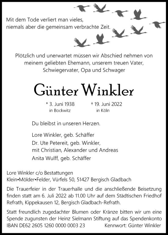 Anzeige von Günter Winkler von Kölner Stadt-Anzeiger / Kölnische Rundschau / Express