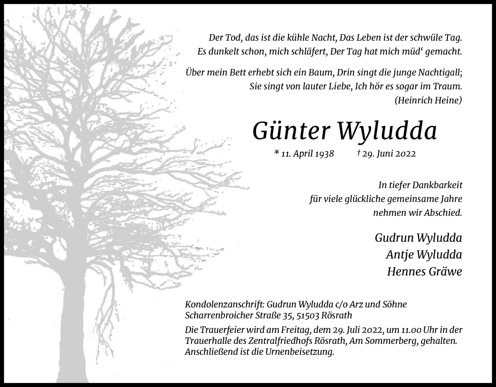  Traueranzeige für Günter Wyludda vom 23.07.2022 aus Kölner Stadt-Anzeiger / Kölnische Rundschau / Express