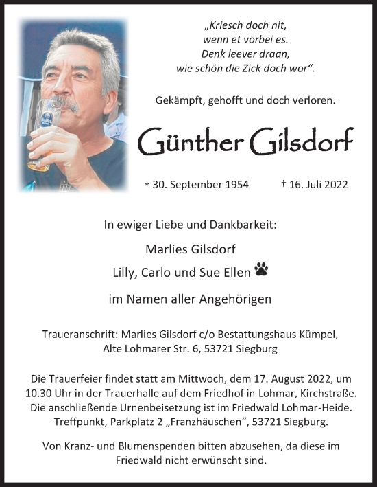 Anzeige von Günther Gilsdorf von Kölner Stadt-Anzeiger / Kölnische Rundschau / Express