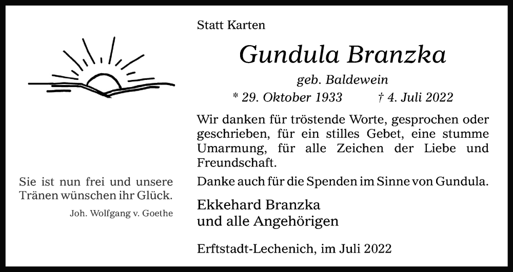  Traueranzeige für Gundula Branzka vom 30.07.2022 aus Kölner Stadt-Anzeiger / Kölnische Rundschau / Express