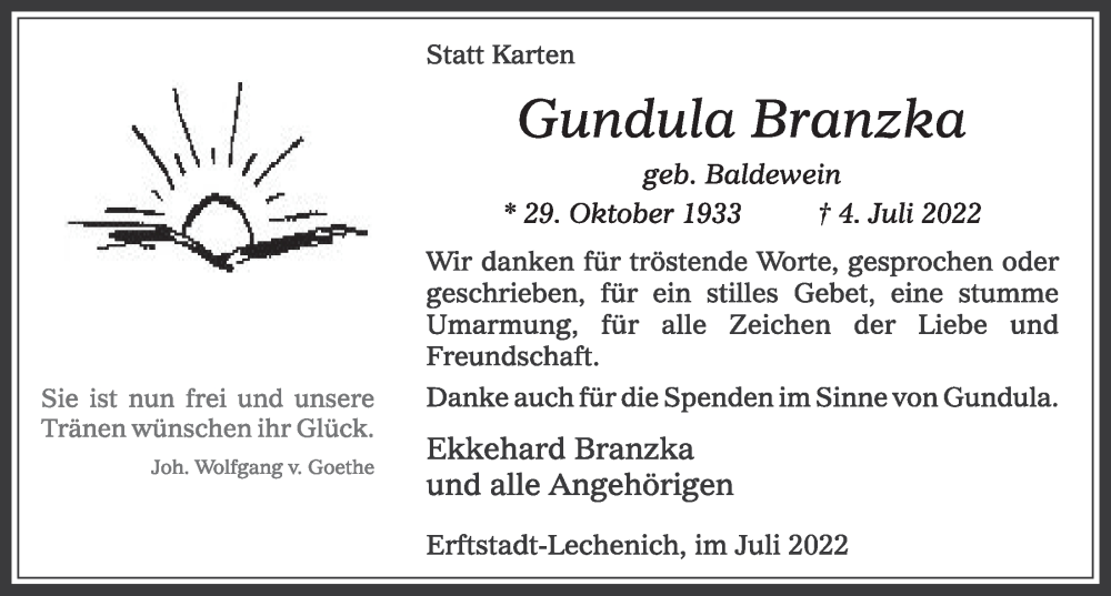 Traueranzeige für Gundula Branzka vom 29.07.2022 aus  Werbepost 