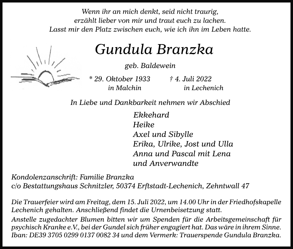  Traueranzeige für Gundula Branzka vom 09.07.2022 aus Kölner Stadt-Anzeiger / Kölnische Rundschau / Express