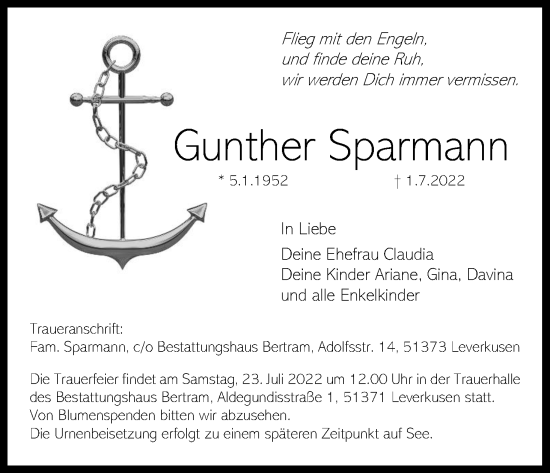 Anzeige von Gunther Sparmann von Kölner Stadt-Anzeiger / Kölnische Rundschau / Express