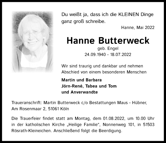 Anzeige von Hanne Butterweck von Kölner Stadt-Anzeiger / Kölnische Rundschau / Express