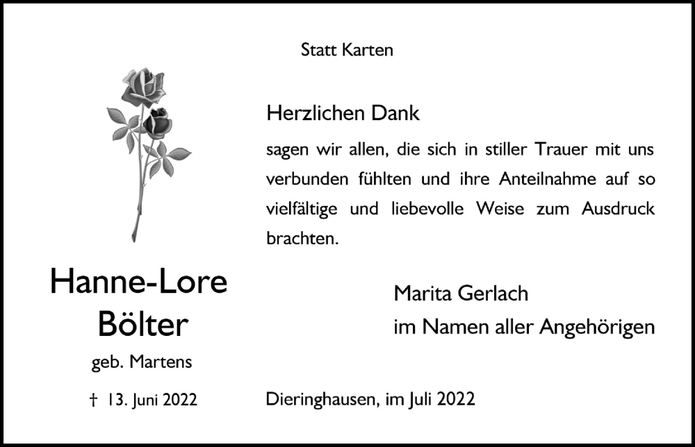  Traueranzeige für Hanne-Lore Bölter vom 22.07.2022 aus  Anzeigen Echo 