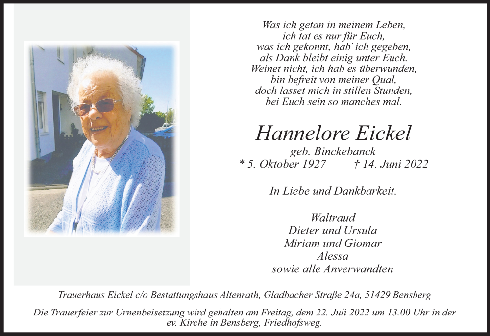  Traueranzeige für Hannelore Eickel vom 09.07.2022 aus Kölner Stadt-Anzeiger / Kölnische Rundschau / Express