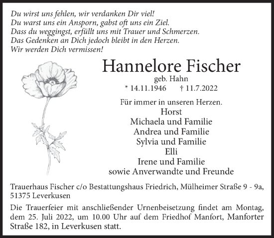 Anzeige von Hannelore Fischer von  Lokale Informationen 
