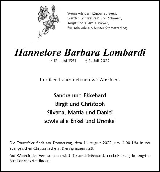 Anzeige von Hannelore Barbara Lombardi von  Anzeigen Echo 