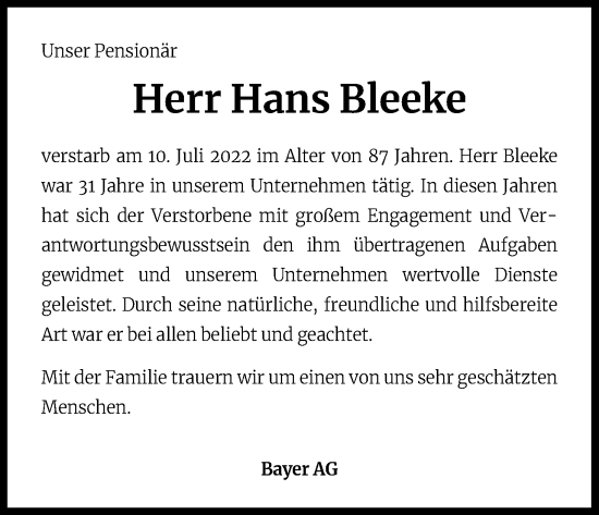 Anzeige von Hans Bleeke von Kölner Stadt-Anzeiger / Kölnische Rundschau / Express