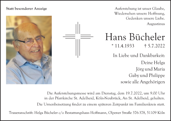 Anzeige von Hans Bücheler von Kölner Stadt-Anzeiger / Kölnische Rundschau / Express
