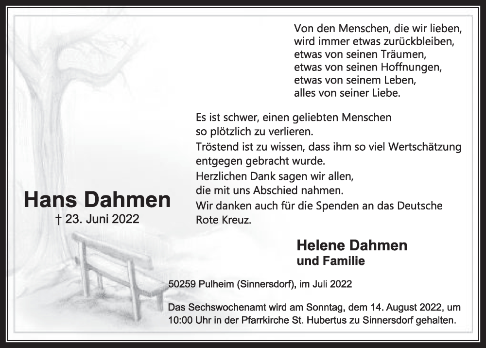  Traueranzeige für Hans Dahmen vom 22.07.2022 aus  Wochenende 
