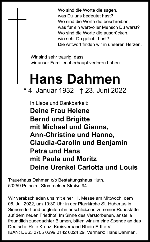  Traueranzeige für Hans Dahmen vom 02.07.2022 aus Kölner Stadt-Anzeiger / Kölnische Rundschau / Express