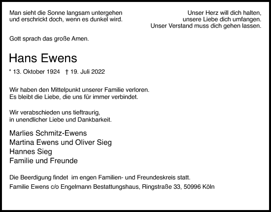 Anzeige von Hans Ewens von Kölner Stadt-Anzeiger / Kölnische Rundschau / Express