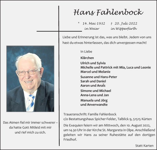 Anzeige von Hans Fahlenbock von Kölner Stadt-Anzeiger / Kölnische Rundschau / Express