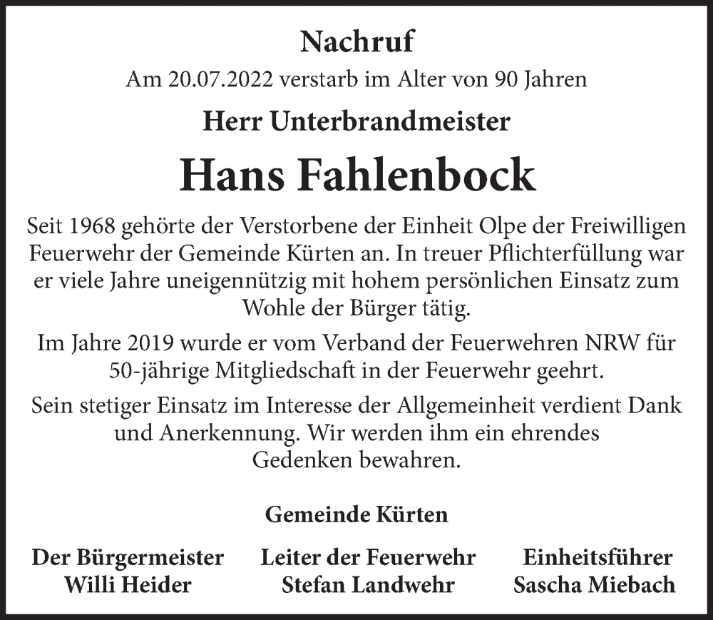 Traueranzeige für Hans Fahlenbock vom 29.07.2022 aus  Bergisches Handelsblatt 
