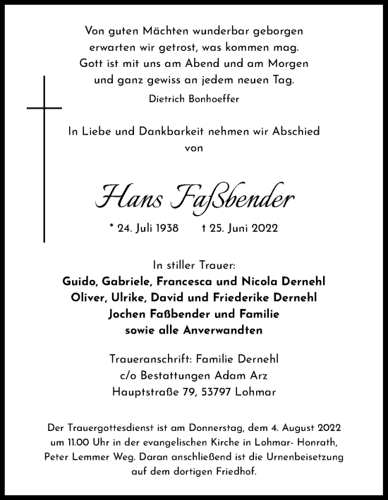 Anzeige von Hans Faßbender von Kölner Stadt-Anzeiger / Kölnische Rundschau / Express