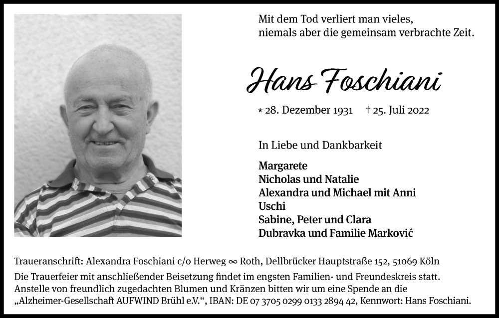  Traueranzeige für Hans Foschiani vom 30.07.2022 aus Kölner Stadt-Anzeiger / Kölnische Rundschau / Express