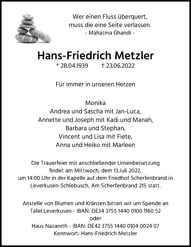  Traueranzeige für Hans-Friedrich Metzler vom 02.07.2022 aus Kölner Stadt-Anzeiger / Kölnische Rundschau / Express