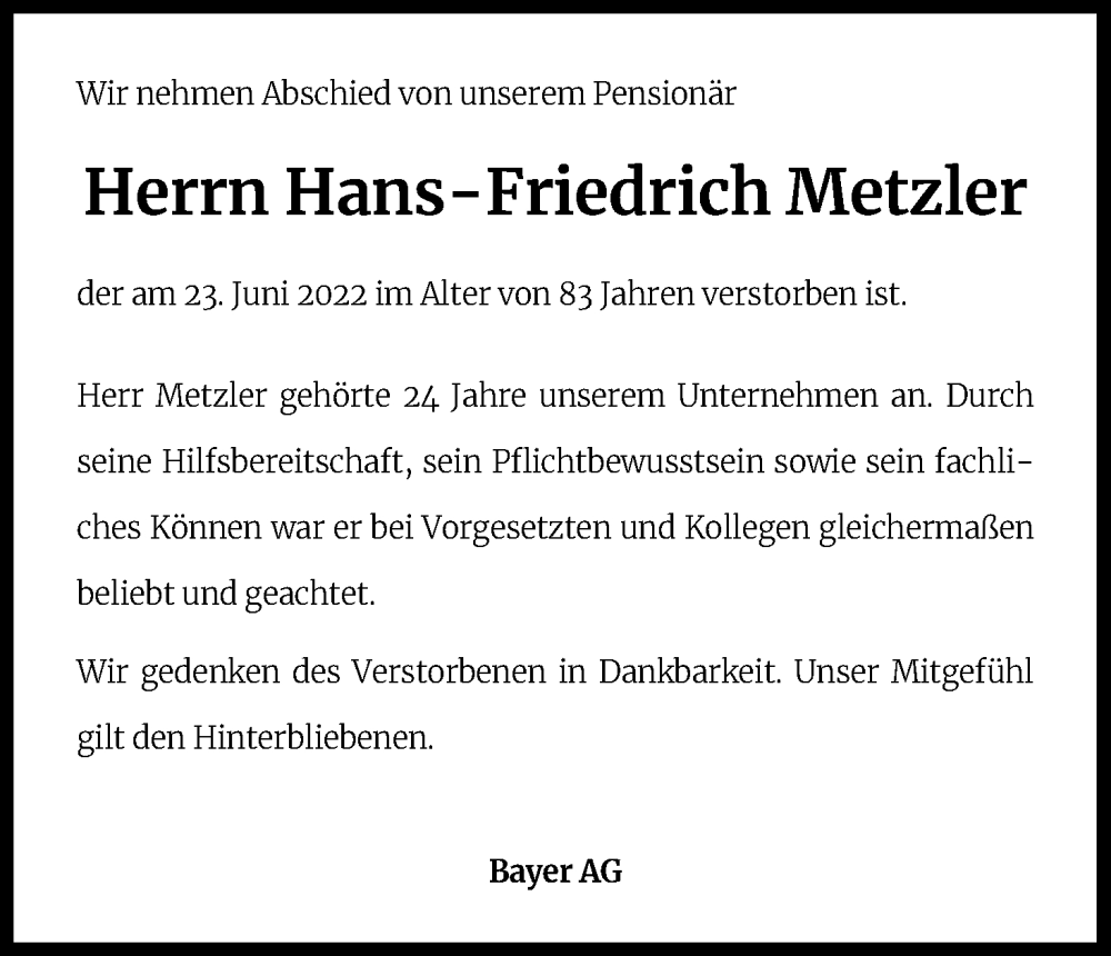  Traueranzeige für Hans-Friedrich Metzler vom 06.07.2022 aus Kölner Stadt-Anzeiger / Kölnische Rundschau / Express