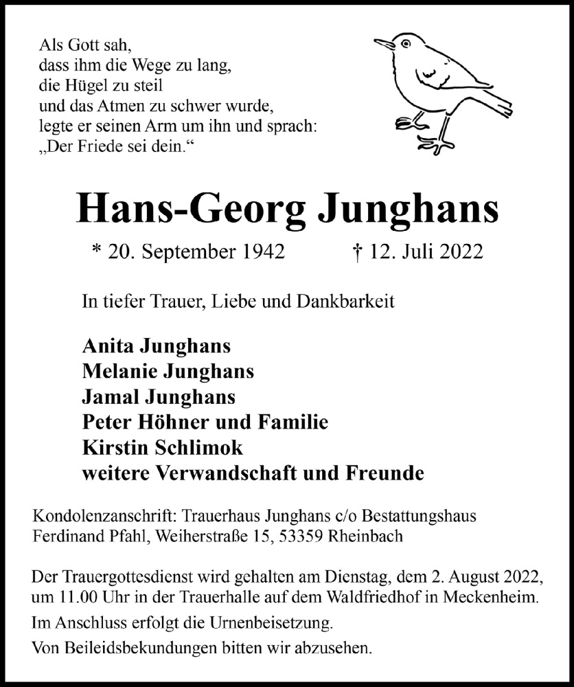  Traueranzeige für Hans-Georg Junghans vom 29.07.2022 aus  Schaufenster/Blickpunkt 