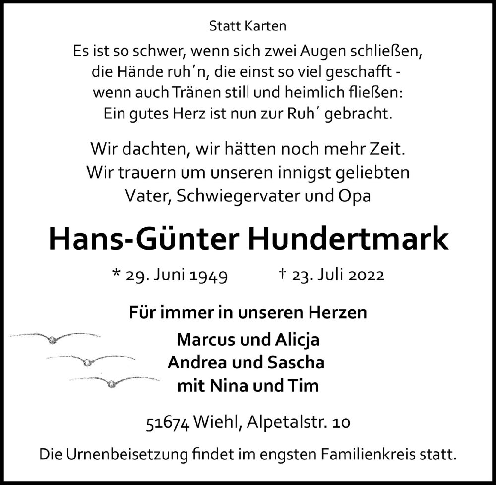 Traueranzeige für Hans-Günter Hundertmark vom 29.07.2022 aus  Anzeigen Echo 