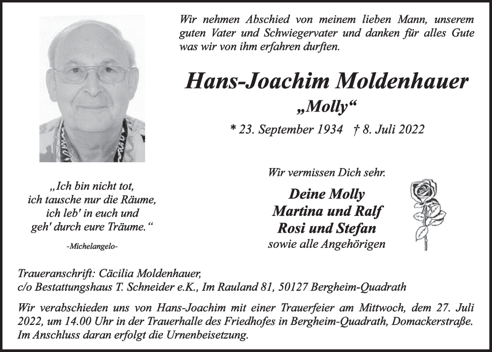  Traueranzeige für Hans-Joachim Moldenhauer vom 22.07.2022 aus  Werbepost 