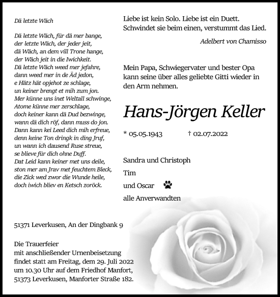 Anzeige von Hans-Jörgen Keller von Kölner Stadt-Anzeiger / Kölnische Rundschau / Express