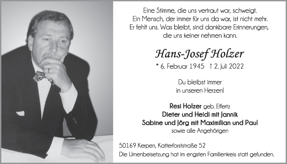  Traueranzeige für Hans-Josef Holzer vom 15.07.2022 aus  Werbepost 
