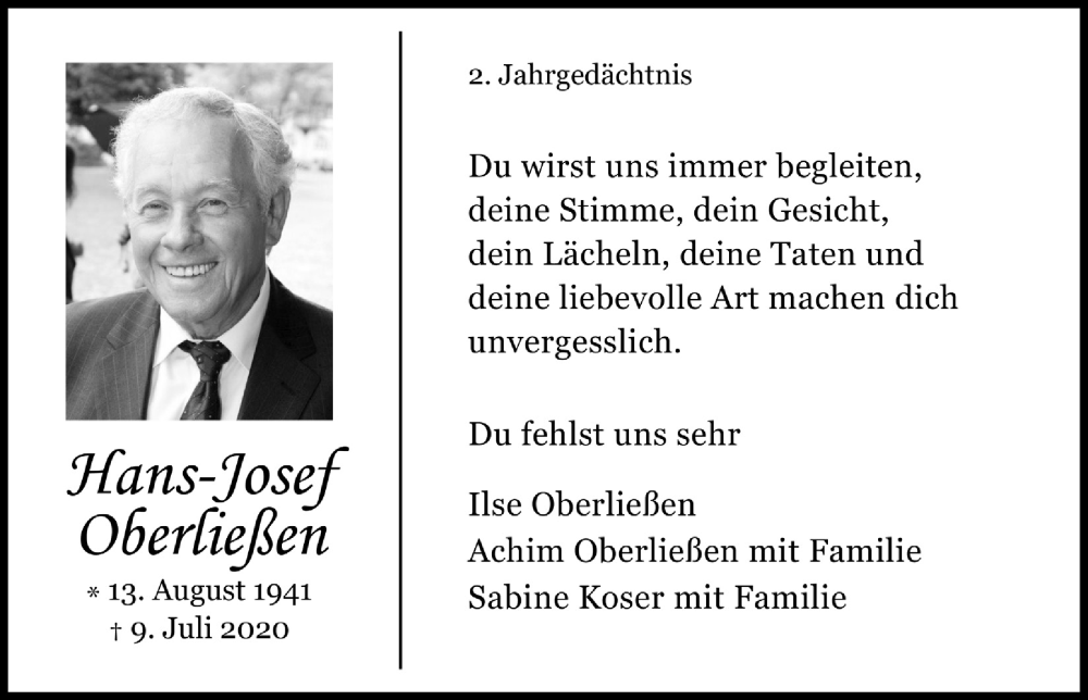  Traueranzeige für Hans-Josef Oberließen vom 18.07.2023 aus  Bergisches Handelsblatt 