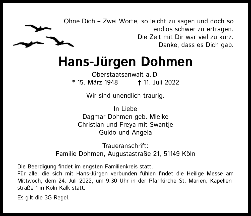  Traueranzeige für Hans-Jürgen Dohmen vom 16.07.2022 aus Kölner Stadt-Anzeiger / Kölnische Rundschau / Express